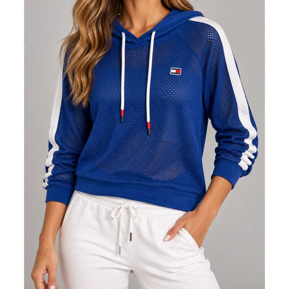 Tommy Hilfiger Sport Women’s S Blue Mesh Hoodie NWT White Stripe Logo